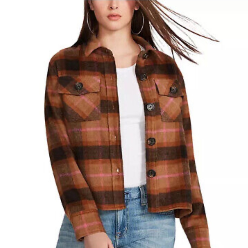 BB Dakota By Steve Madden Plaid Button Down Boxy Shacket - Cashew Br…